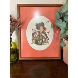 Vintage Cross stitch  Art Boy With Rabbits Cottagecore Framed Embroidery